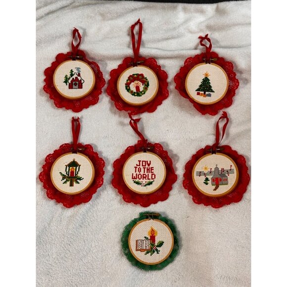 7 Christmas-Themed Cross Stitch Ornaments Lace Trim & Hanging Ribbons Handmade - Picture 1 of 16